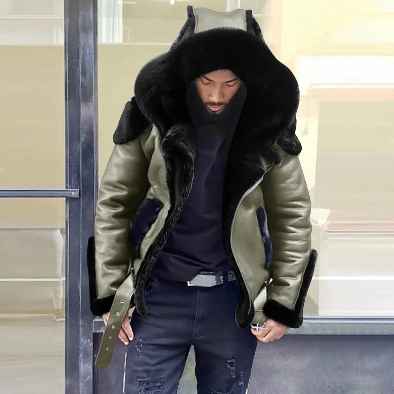 Fleece Lined Faux Leather Hooded Jackets for Men Heavyweight Motorcycle Jackets with Fur Hood Warm Flight Jackets