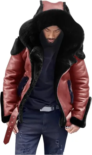 Fleece Lined Faux Leather Hooded Jackets for Men Heavyweight Motorcycle Jackets with Fur Hood Warm Flight Jackets