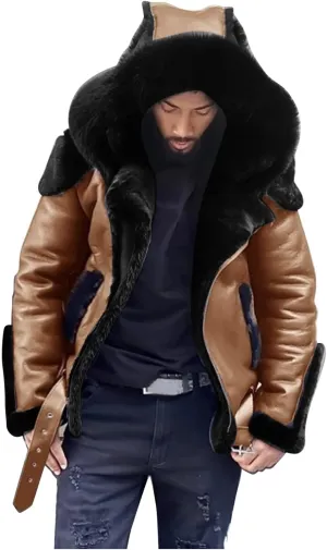 Fleece Lined Faux Leather Hooded Jackets for Men Heavyweight Motorcycle Jackets with Fur Hood Warm Flight Jackets