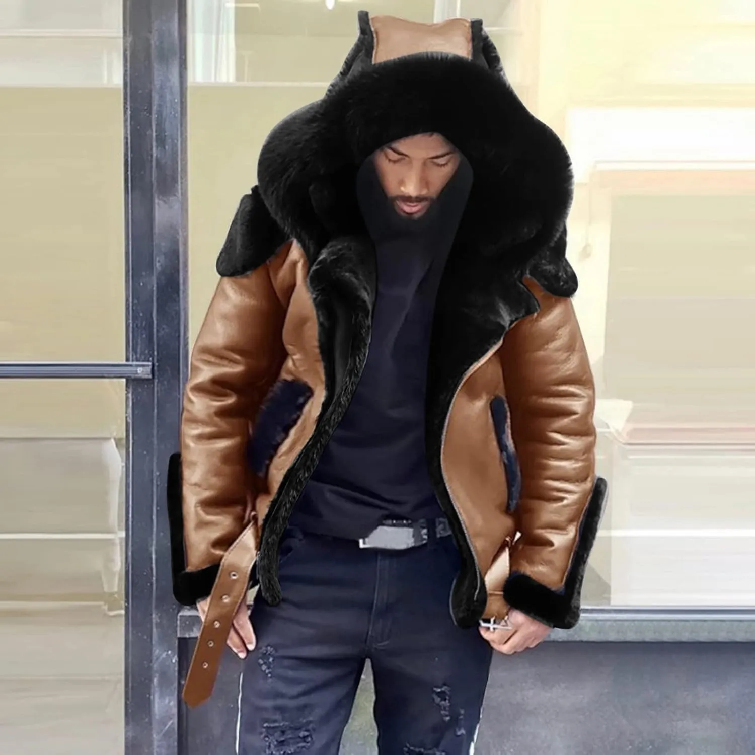Fleece Lined Faux Leather Hooded Jackets for Men Heavyweight Motorcycle Jackets with Fur Hood Warm Flight Jackets
