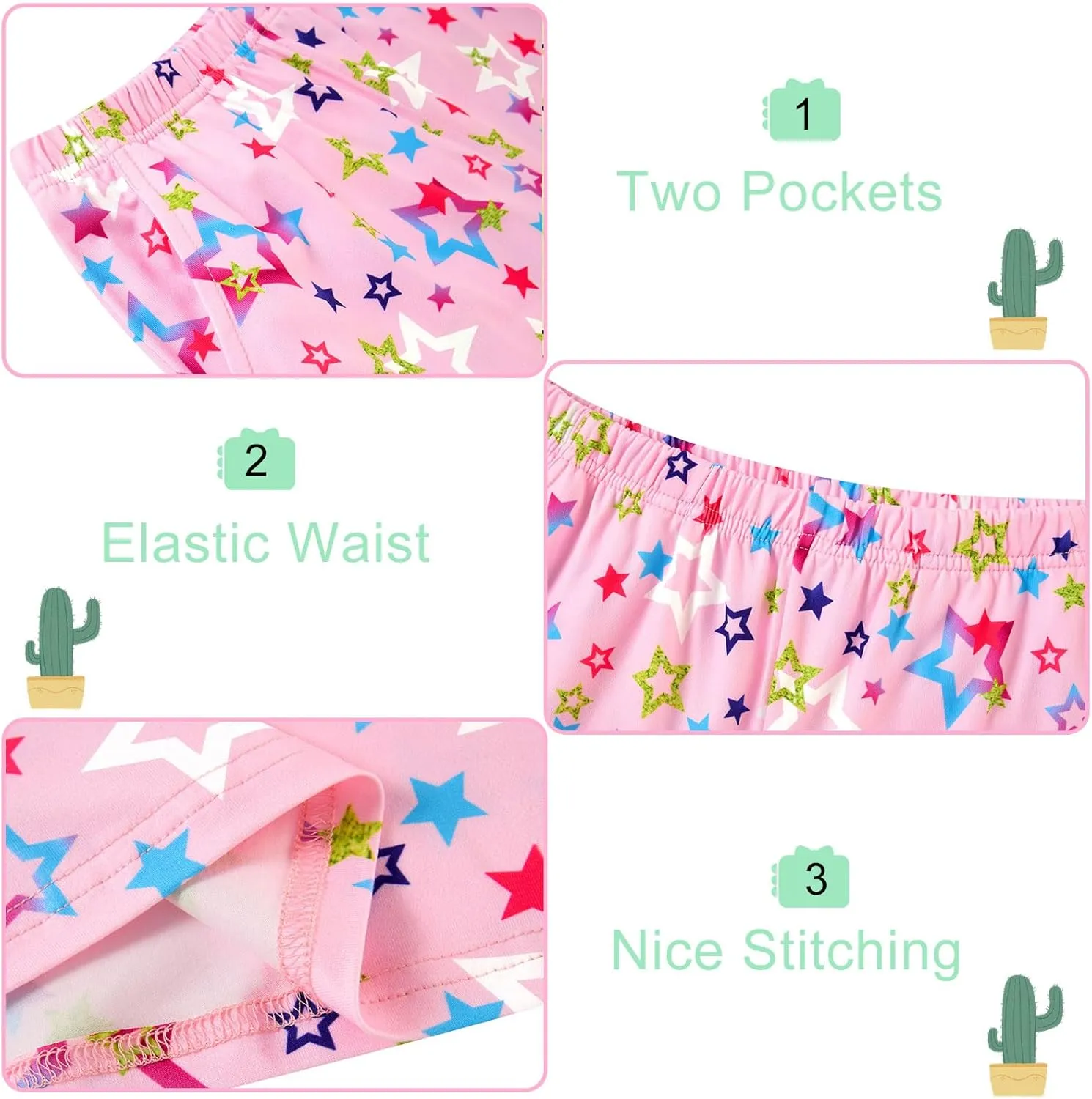 Funnycokid Girls Pajamas Set 3 Piece Fall Short Sleeve Shirt Top Pants Shorts with Pockets 7-14 Years