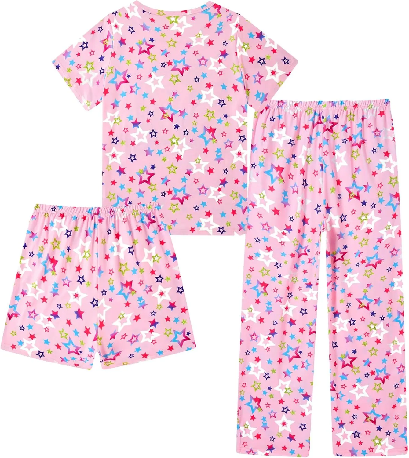 Funnycokid Girls Pajamas Set 3 Piece Fall Short Sleeve Shirt Top Pants Shorts with Pockets 7-14 Years