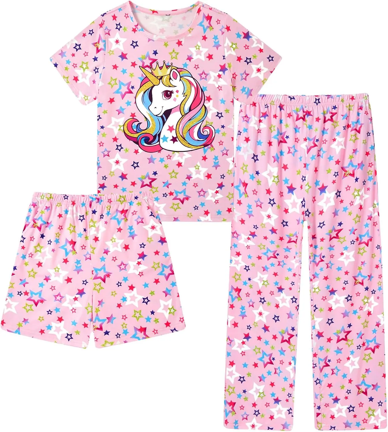 Funnycokid Girls Pajamas Set 3 Piece Fall Short Sleeve Shirt Top Pants Shorts with Pockets 7-14 Years