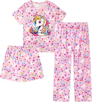 Funnycokid Girls Pajamas Set 3 Piece Fall Short Sleeve Shirt Top Pants Shorts with Pockets 7-14 Years