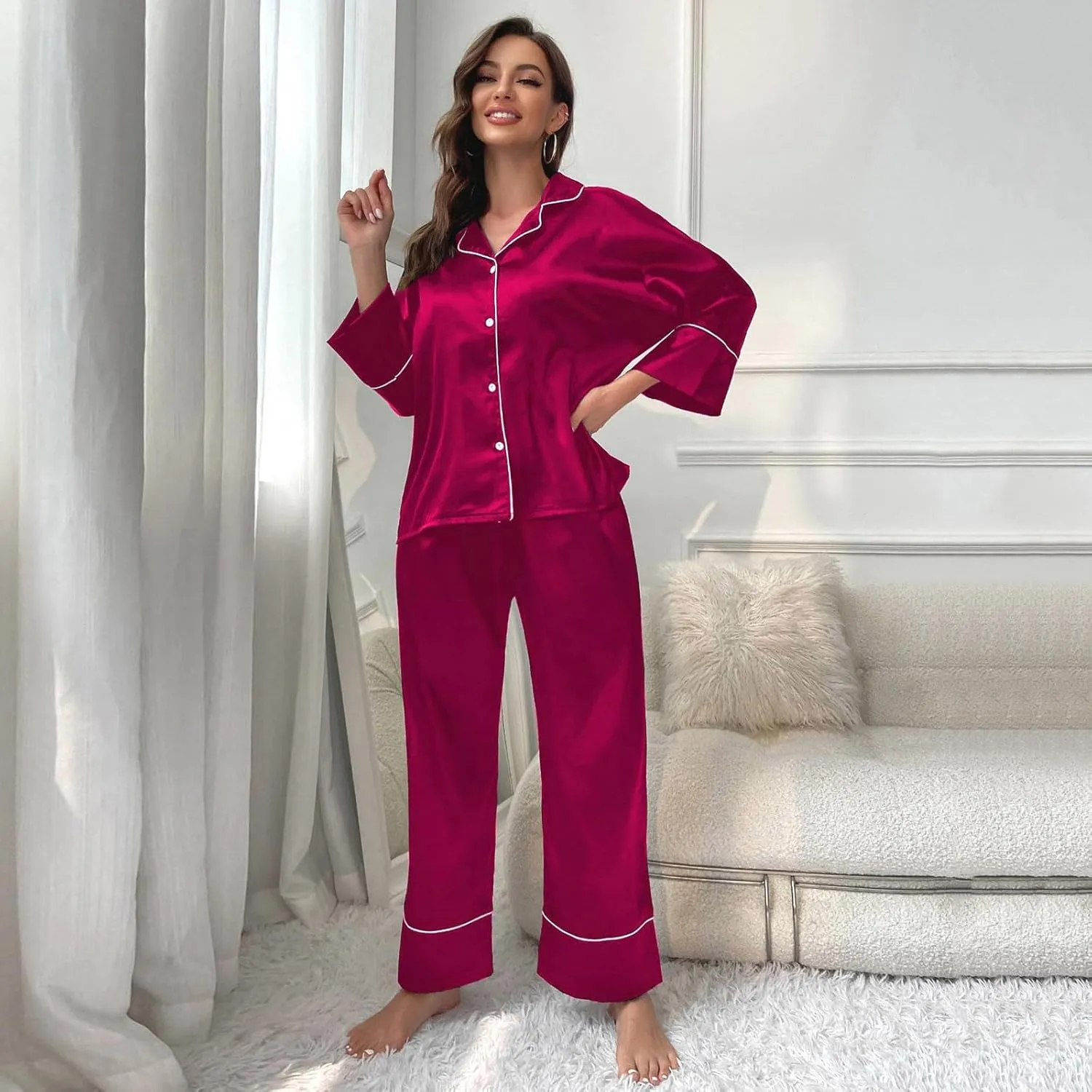 FZVYD Womens Y2k Pajama Lounge Set Solid Color Long Sleeve Button Down Tops and Pants 2 Piece Pjs Sleepwear Loungewear 2024