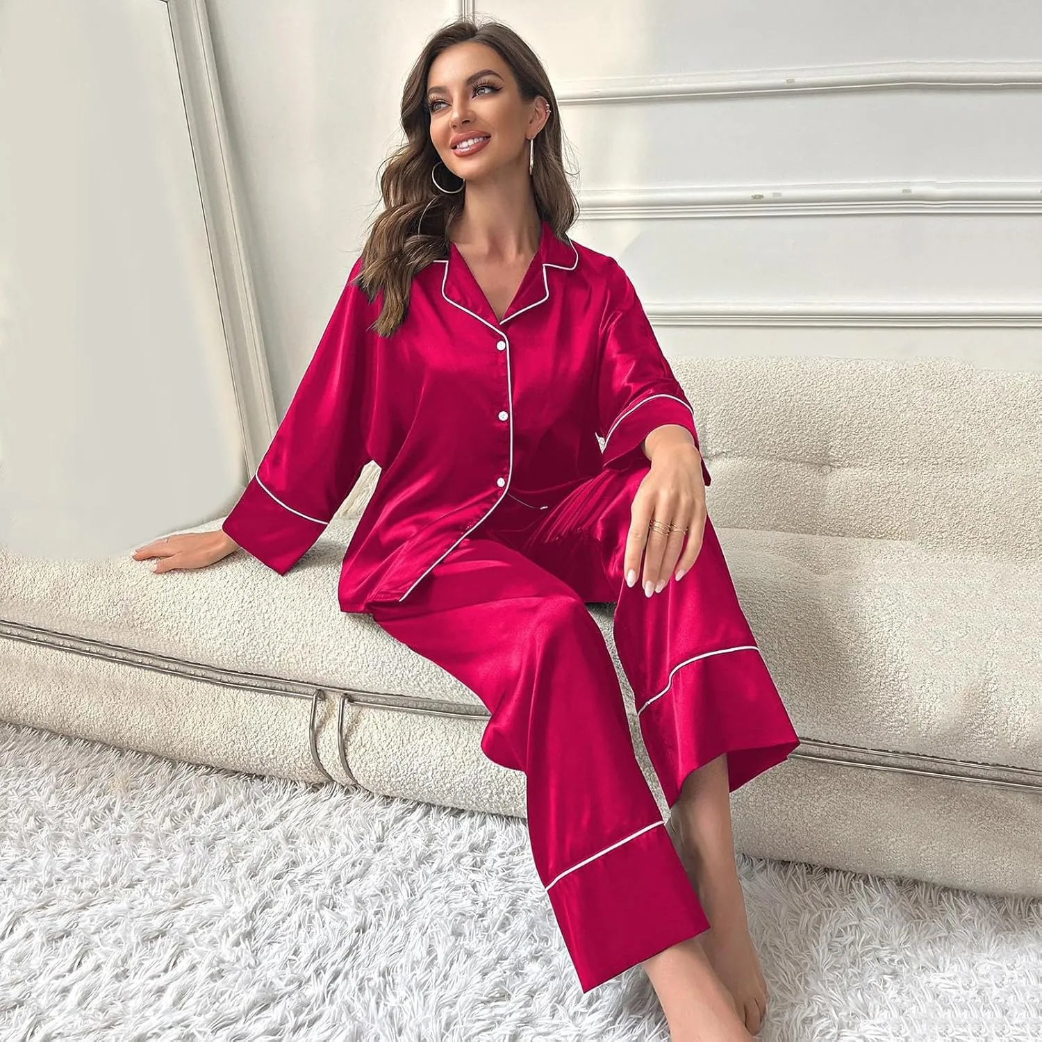 FZVYD Womens Y2k Pajama Lounge Set Solid Color Long Sleeve Button Down Tops and Pants 2 Piece Pjs Sleepwear Loungewear 2024