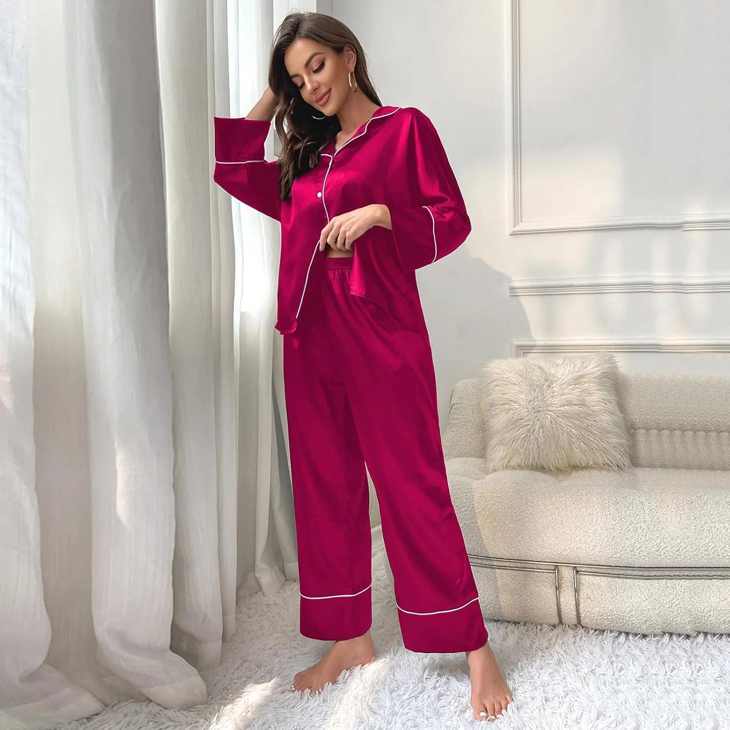 FZVYD Womens Y2k Pajama Lounge Set Solid Color Long Sleeve Button Down Tops and Pants 2 Piece Pjs Sleepwear Loungewear 2024