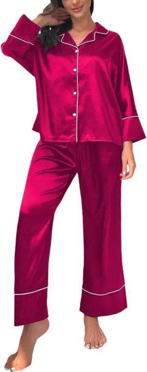 FZVYD Womens Y2k Pajama Lounge Set Solid Color Long Sleeve Button Down Tops and Pants 2 Piece Pjs Sleepwear Loungewear 2024