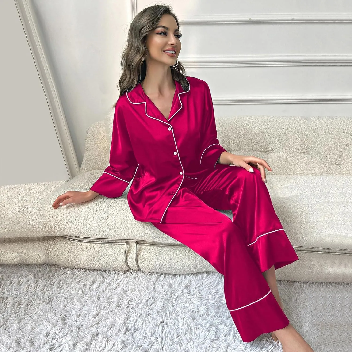 FZVYD Womens Y2k Pajama Lounge Set Solid Color Long Sleeve Button Down Tops and Pants 2 Piece Pjs Sleepwear Loungewear 2024