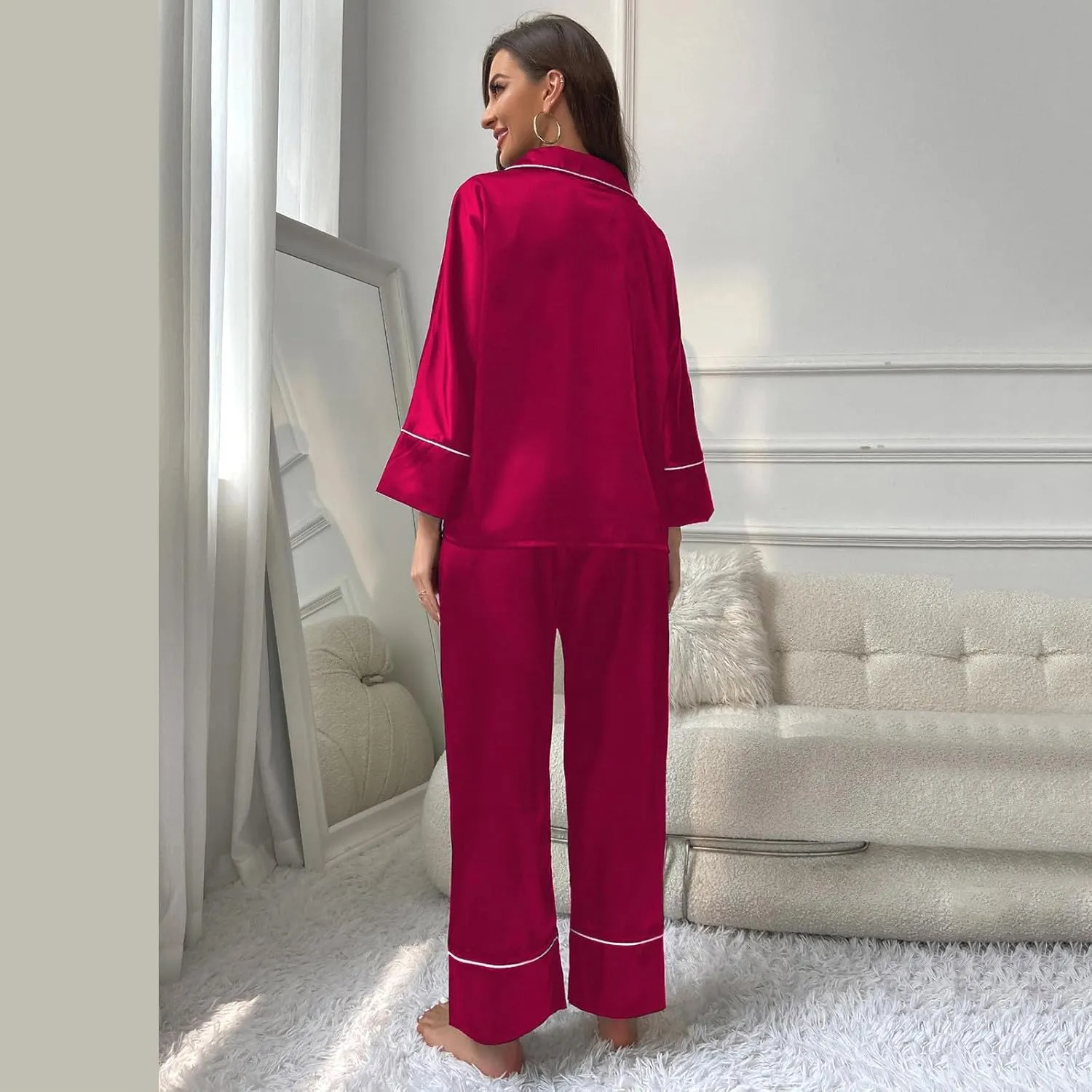 FZVYD Womens Y2k Pajama Lounge Set Solid Color Long Sleeve Button Down Tops and Pants 2 Piece Pjs Sleepwear Loungewear 2024