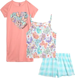 Girls' Pajama Set - 3 Piece Short Sleeve Sleep Shirt, Lounge Pajama Shorts, and Nightgown - Girls' Sleepwear (7-16)