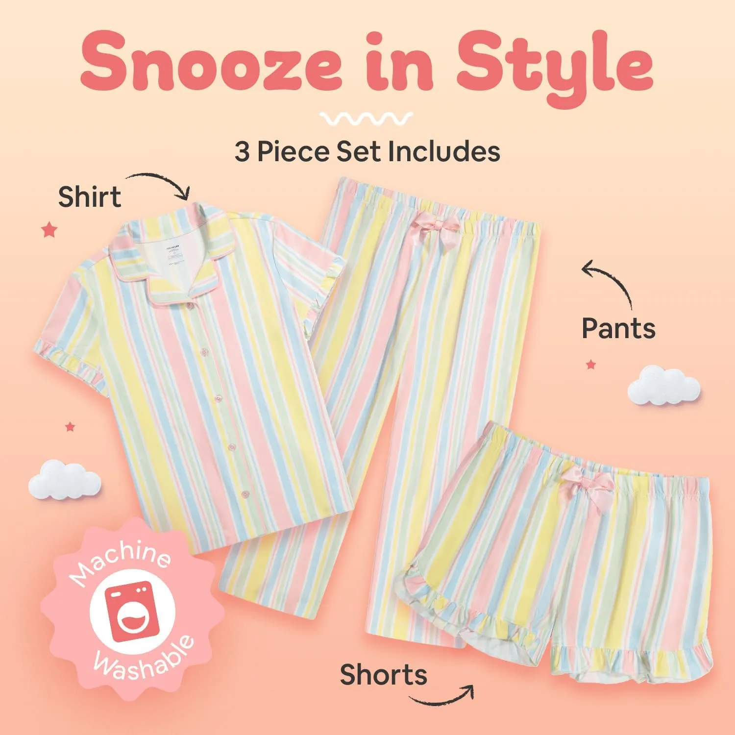 Girls Ultra Soft Button Down Pajamas, 3 Piece Pajama Set, pjs for teen girl, Size 7-16
