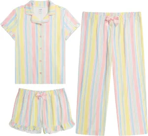 Girls Ultra Soft Button Down Pajamas, 3 Piece Pajama Set, pjs for teen girl, Size 7-16