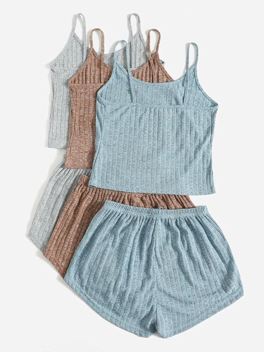 GORGLITTER Women's 3 Sets Ribbed Pajamas Set Sleeveless Crop Top and Tie Front Shorts Lounge Set Sleepwear Loungewear