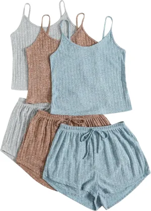 GORGLITTER Women's 3 Sets Ribbed Pajamas Set Sleeveless Crop Top and Tie Front Shorts Lounge Set Sleepwear Loungewear