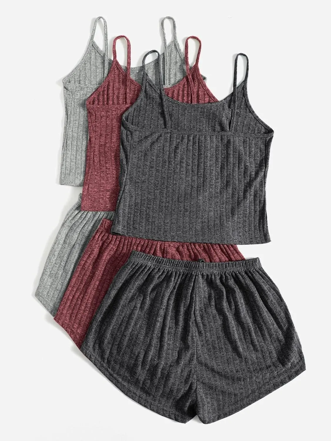 GORGLITTER Women's 3 Sets Ribbed Pajamas Set Sleeveless Crop Top and Tie Front Shorts Lounge Set Sleepwear Loungewear