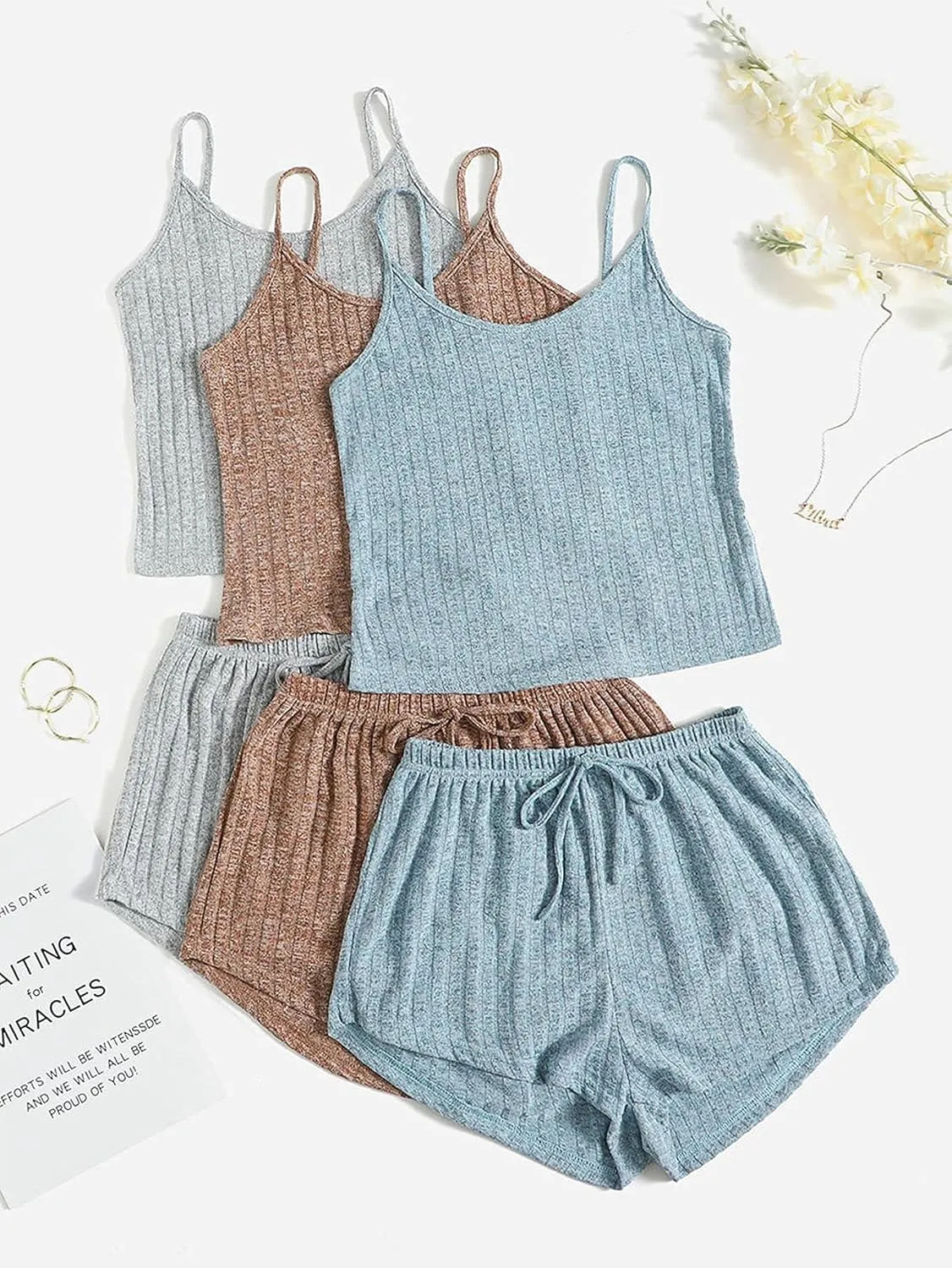 GORGLITTER Women's 3 Sets Ribbed Pajamas Set Sleeveless Crop Top and Tie Front Shorts Lounge Set Sleepwear Loungewear