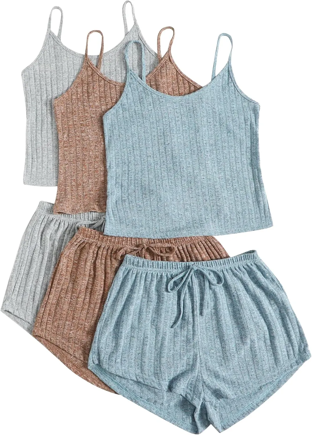 GORGLITTER Women's 3 Sets Ribbed Pajamas Set Sleeveless Crop Top and Tie Front Shorts Lounge Set Sleepwear Loungewear