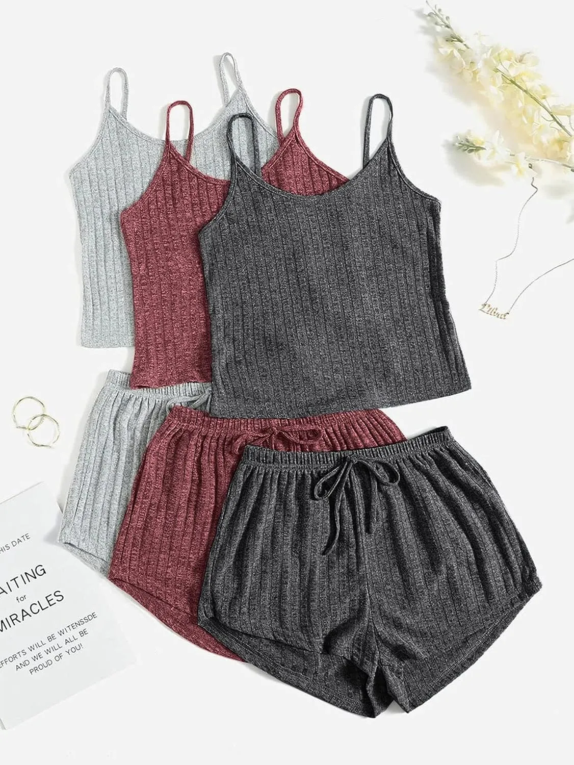 GORGLITTER Women's 3 Sets Ribbed Pajamas Set Sleeveless Crop Top and Tie Front Shorts Lounge Set Sleepwear Loungewear