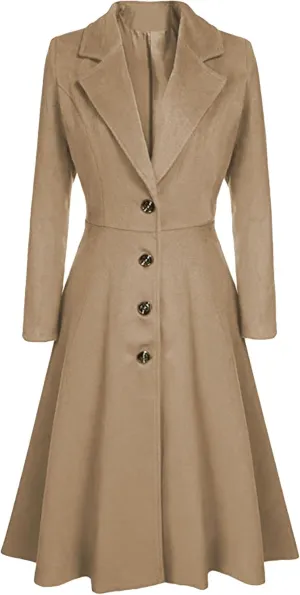 GRASWE Women's Fall Winter Warm Single Breasted Long Wool Coats OverCoats Thin Trench Coats Long Wrap Coats