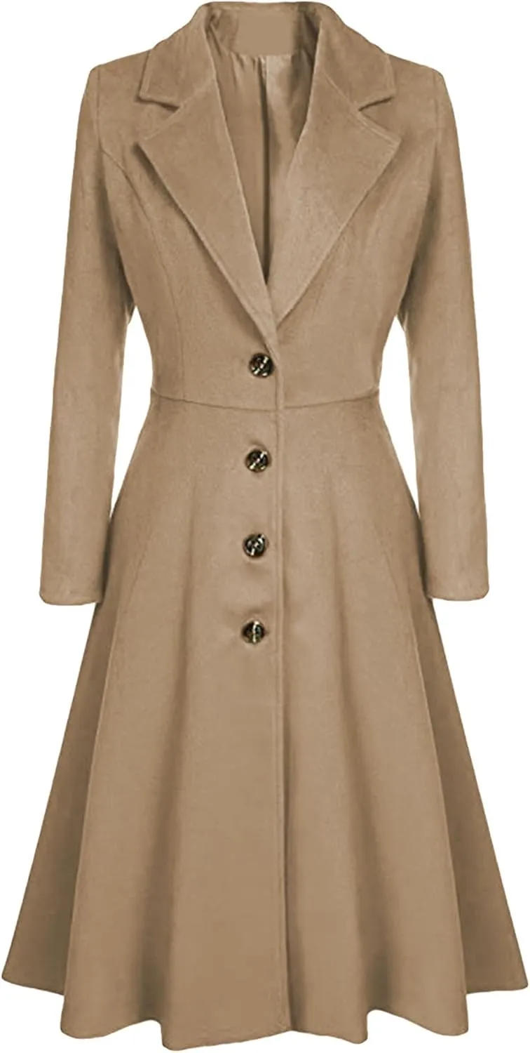 GRASWE Women's Fall Winter Warm Single Breasted Long Wool Coats OverCoats Thin Trench Coats Long Wrap Coats