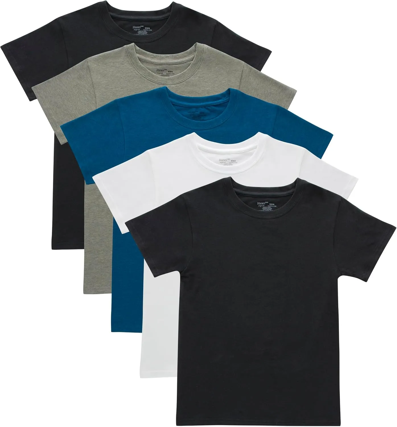 Hanes Boys' Originals Crewneck Undershirts Pack, Stretch Cotton, Black & Assorted, 5-Pack