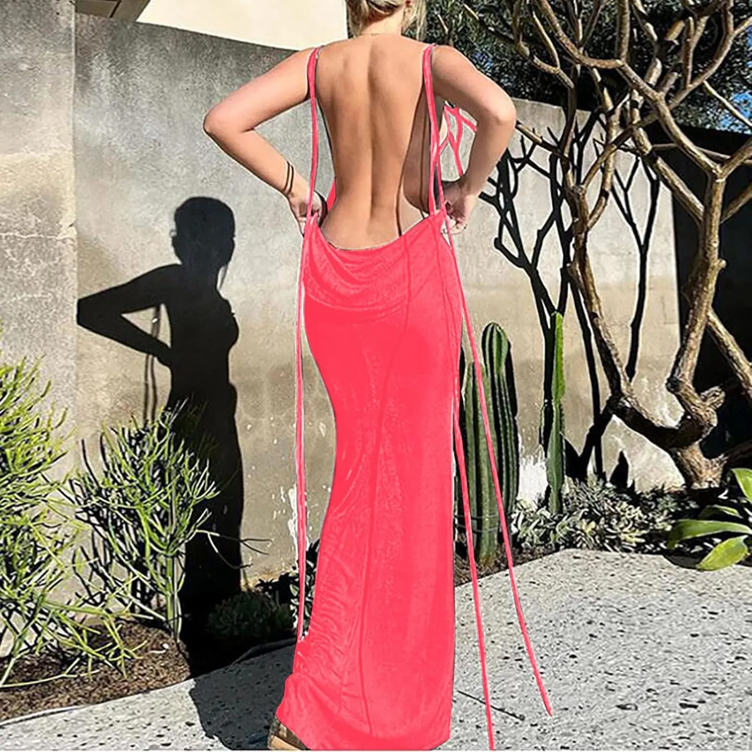 HGps8w Women Sexy Spaghetti Strap Backless Maxi Dresses Halter Lace Up Bodycon Evening Club Cocktail Party Dress