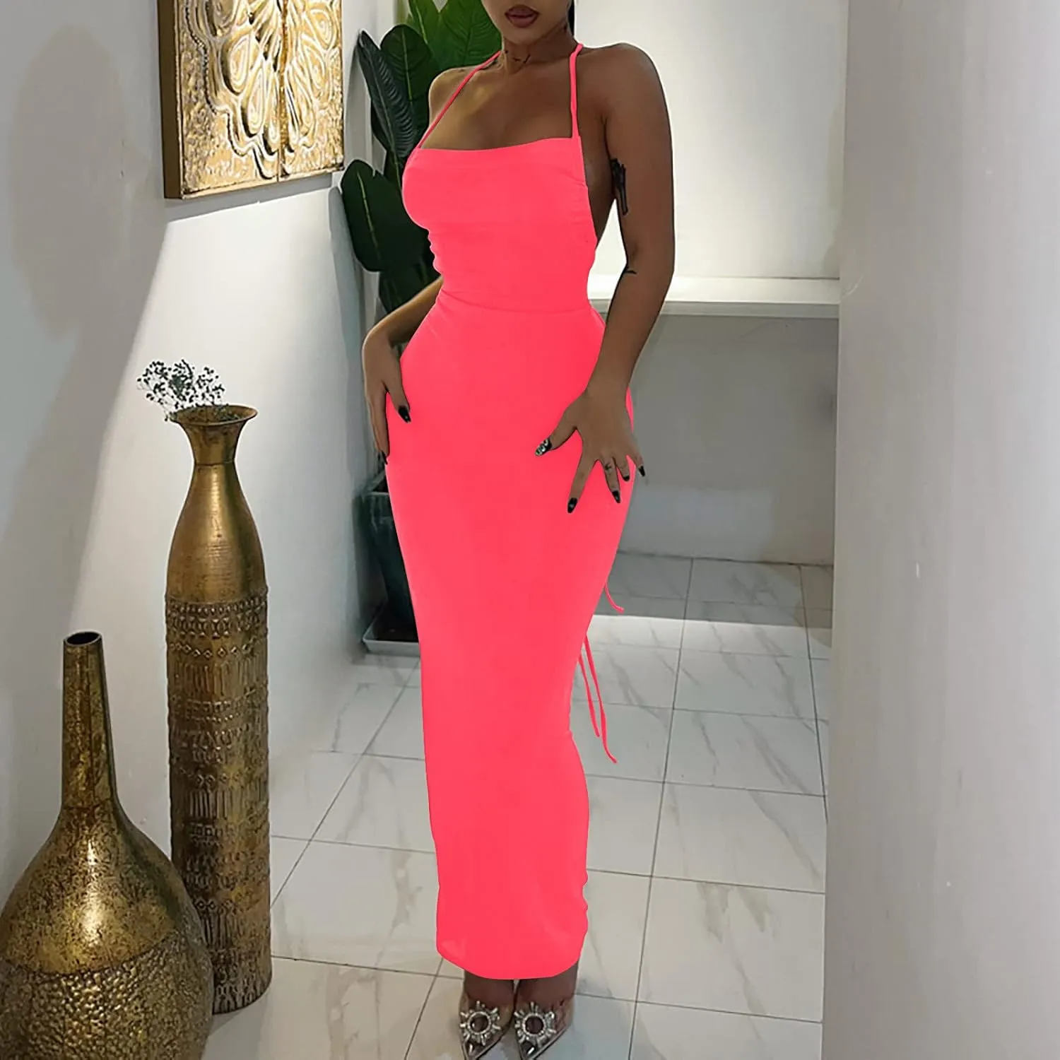 HGps8w Women Sexy Spaghetti Strap Backless Maxi Dresses Halter Lace Up Bodycon Evening Club Cocktail Party Dress