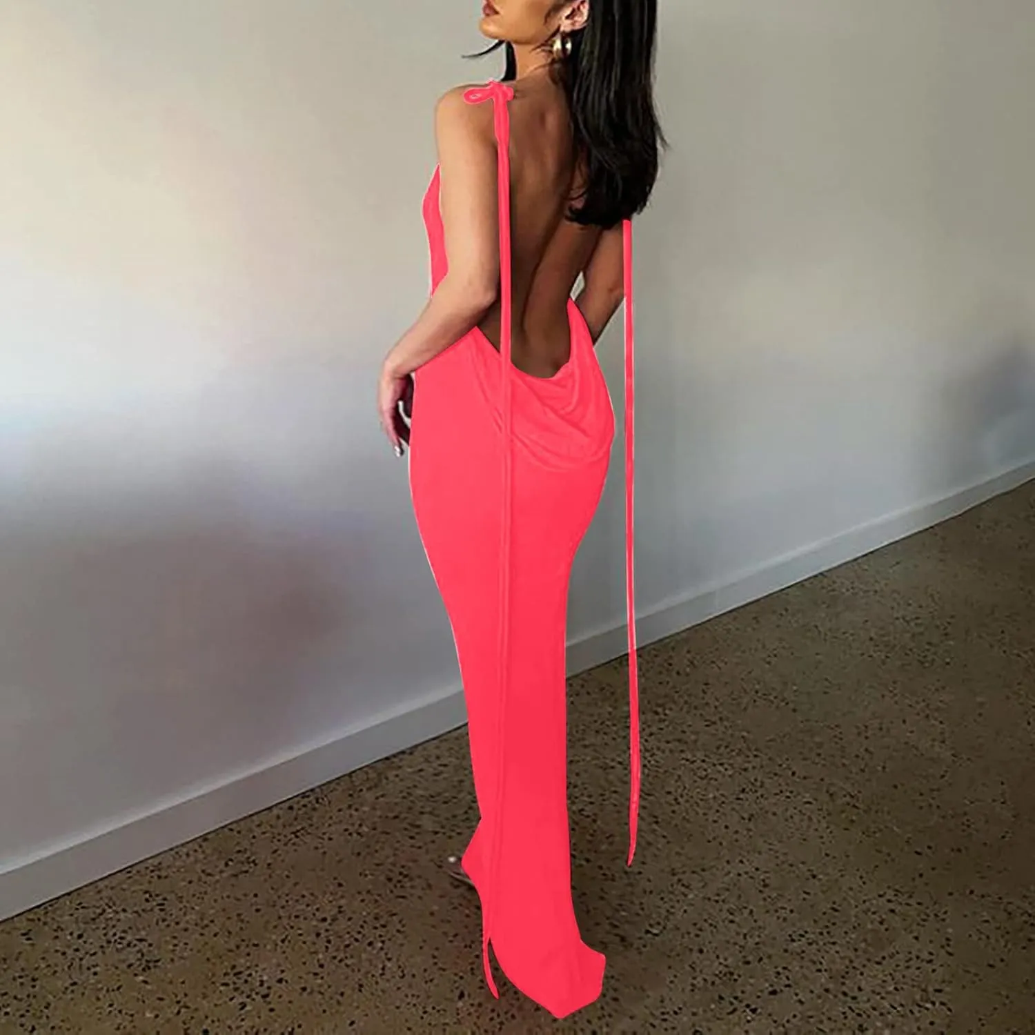 HGps8w Women Sexy Spaghetti Strap Backless Maxi Dresses Halter Lace Up Bodycon Evening Club Cocktail Party Dress