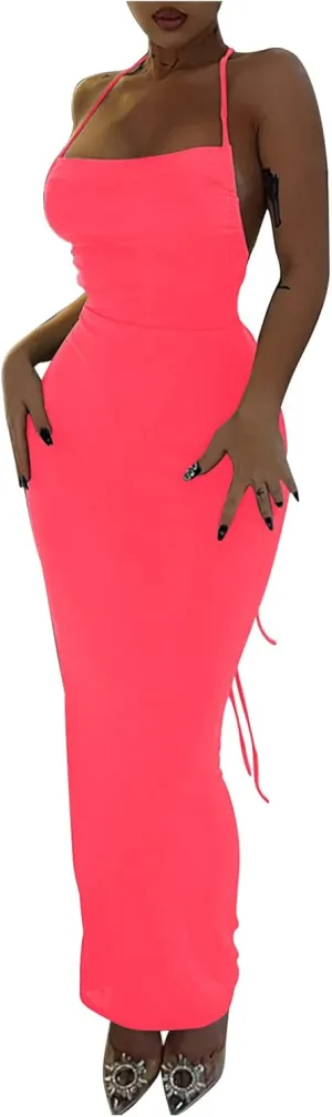 HGps8w Women Sexy Spaghetti Strap Backless Maxi Dresses Halter Lace Up Bodycon Evening Club Cocktail Party Dress
