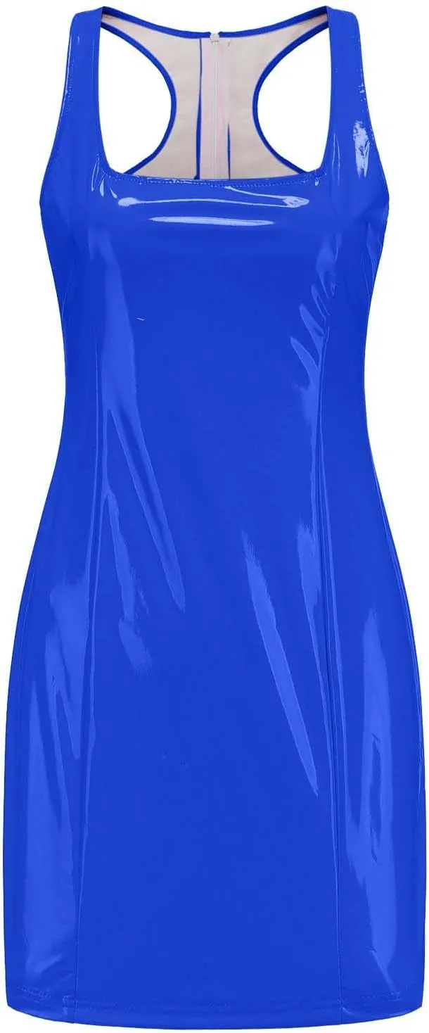 HGps8w Womens Faux PU Leather Mini Bodycon Dress Sexy Scoop Neck Sleeveless Party Club Night Evening Cocktail Dresses