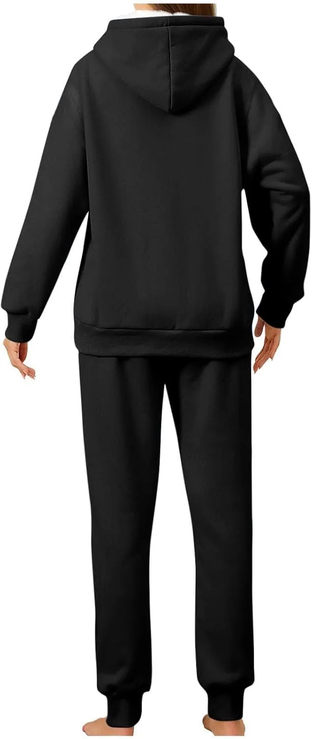 hlysgo Two Piece Sets for Women Winter Warm Lounge Set Fleece Lined Long Sleeve Hooded Pullover Drawstring Pants Sweatsuit