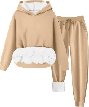 hlysgo Two Piece Sets for Women Winter Warm Lounge Set Fleece Lined Long Sleeve Hooded Pullover Drawstring Pants Sweatsuit