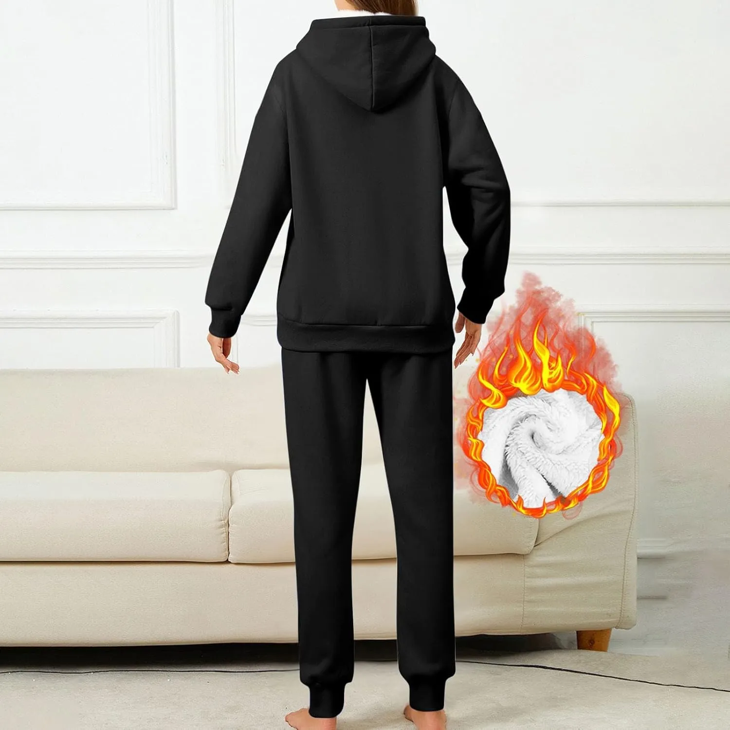 hlysgo Two Piece Sets for Women Winter Warm Lounge Set Fleece Lined Long Sleeve Hooded Pullover Drawstring Pants Sweatsuit