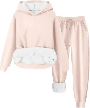 hlysgo Two Piece Sets for Women Winter Warm Lounge Set Fleece Lined Long Sleeve Hooded Pullover Drawstring Pants Sweatsuit