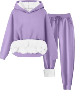 hlysgo Two Piece Sets for Women Winter Warm Lounge Set Fleece Lined Long Sleeve Hooded Pullover Drawstring Pants Sweatsuit