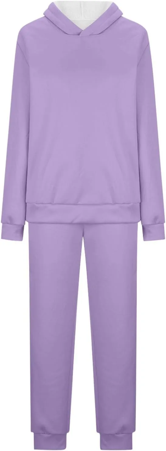 hlysgo Two Piece Sets for Women Winter Warm Lounge Set Fleece Lined Long Sleeve Hooded Pullover Drawstring Pants Sweatsuit