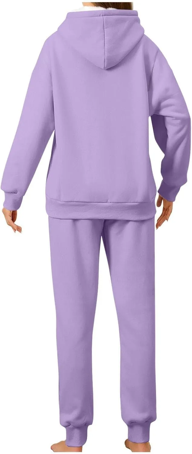 hlysgo Two Piece Sets for Women Winter Warm Lounge Set Fleece Lined Long Sleeve Hooded Pullover Drawstring Pants Sweatsuit
