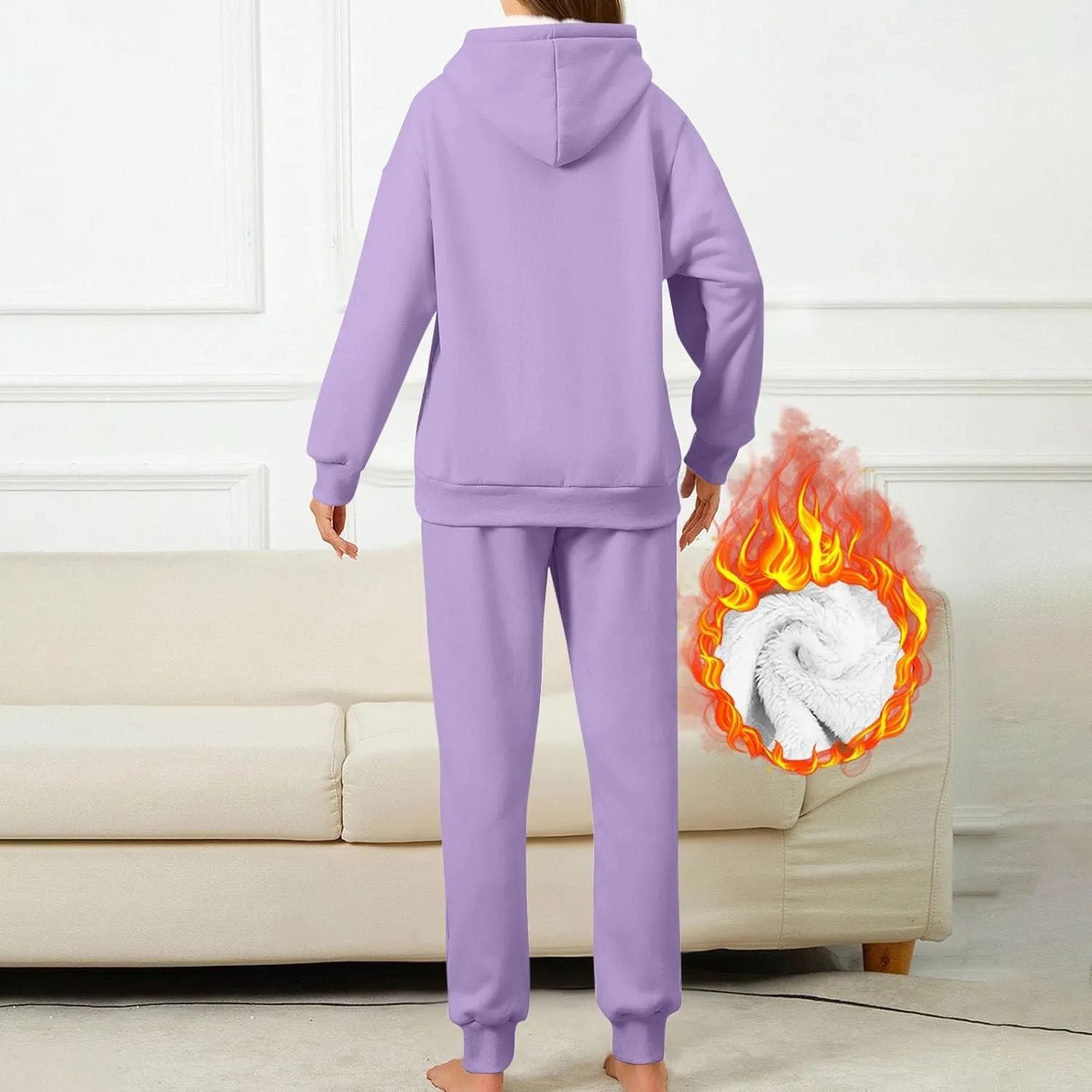 hlysgo Two Piece Sets for Women Winter Warm Lounge Set Fleece Lined Long Sleeve Hooded Pullover Drawstring Pants Sweatsuit