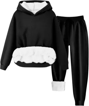 hlysgo Two Piece Sets for Women Winter Warm Lounge Set Fleece Lined Long Sleeve Hooded Pullover Drawstring Pants Sweatsuit