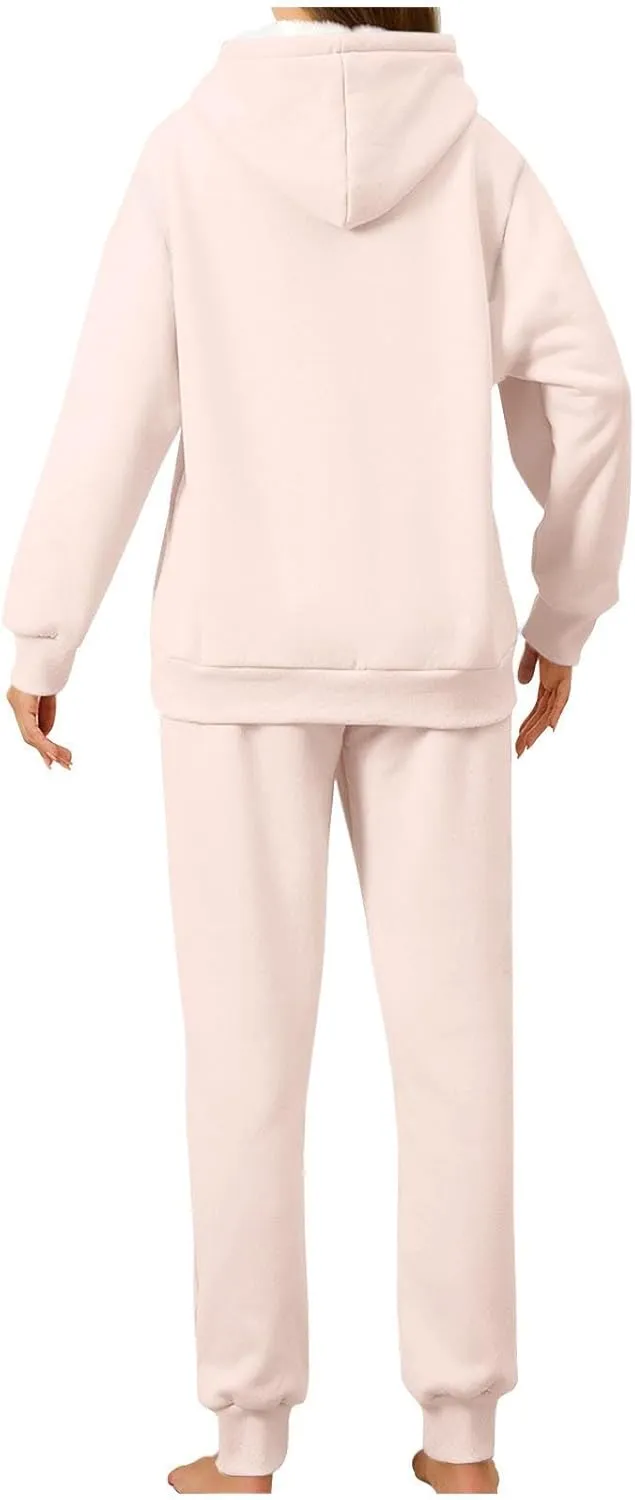 hlysgo Two Piece Sets for Women Winter Warm Lounge Set Fleece Lined Long Sleeve Hooded Pullover Drawstring Pants Sweatsuit