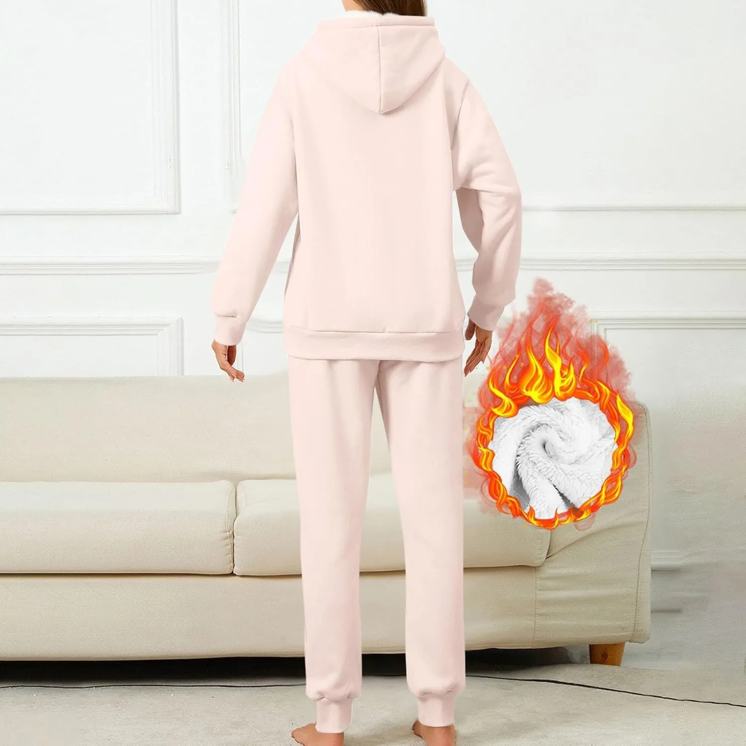 hlysgo Two Piece Sets for Women Winter Warm Lounge Set Fleece Lined Long Sleeve Hooded Pullover Drawstring Pants Sweatsuit