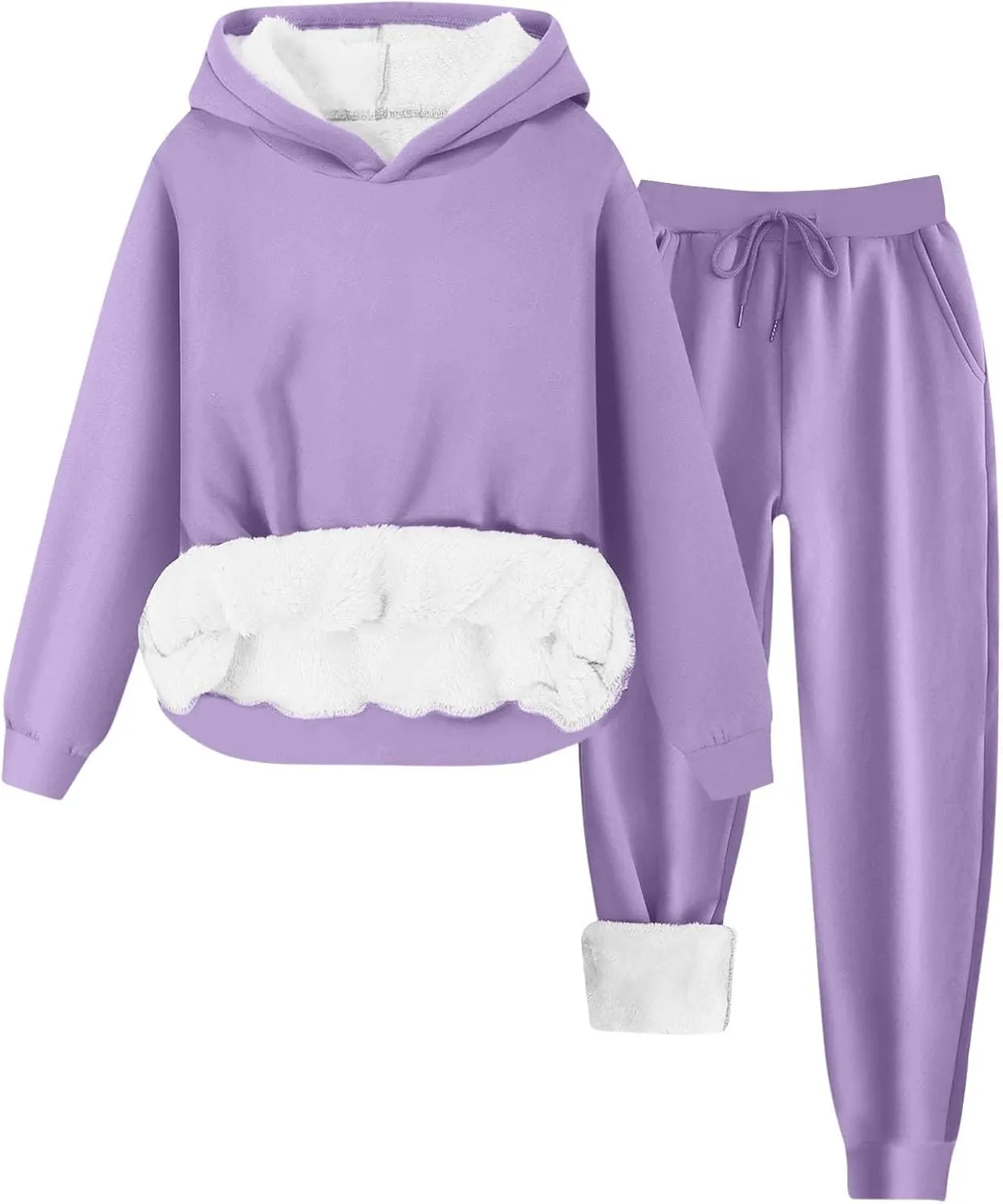 hlysgo Two Piece Sets for Women Winter Warm Lounge Set Fleece Lined Long Sleeve Hooded Pullover Drawstring Pants Sweatsuit