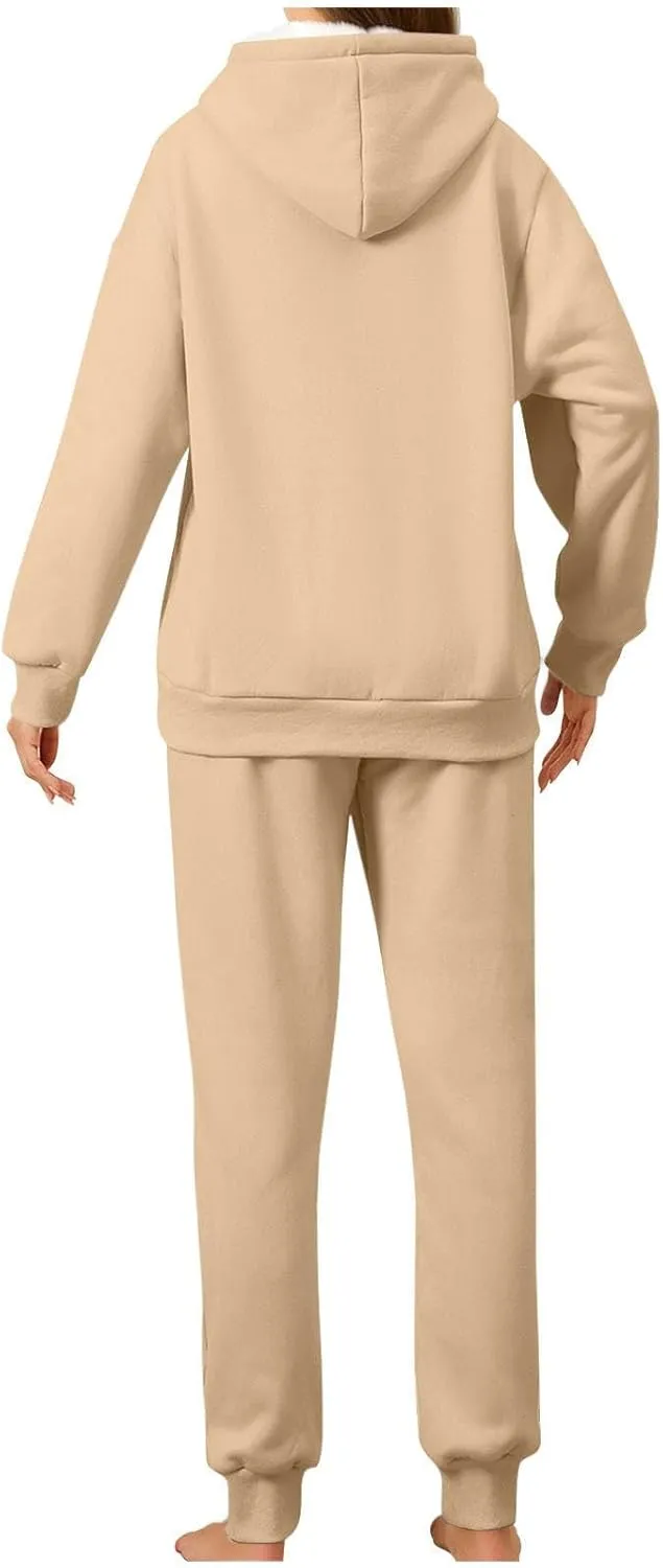 hlysgo Two Piece Sets for Women Winter Warm Lounge Set Fleece Lined Long Sleeve Hooded Pullover Drawstring Pants Sweatsuit