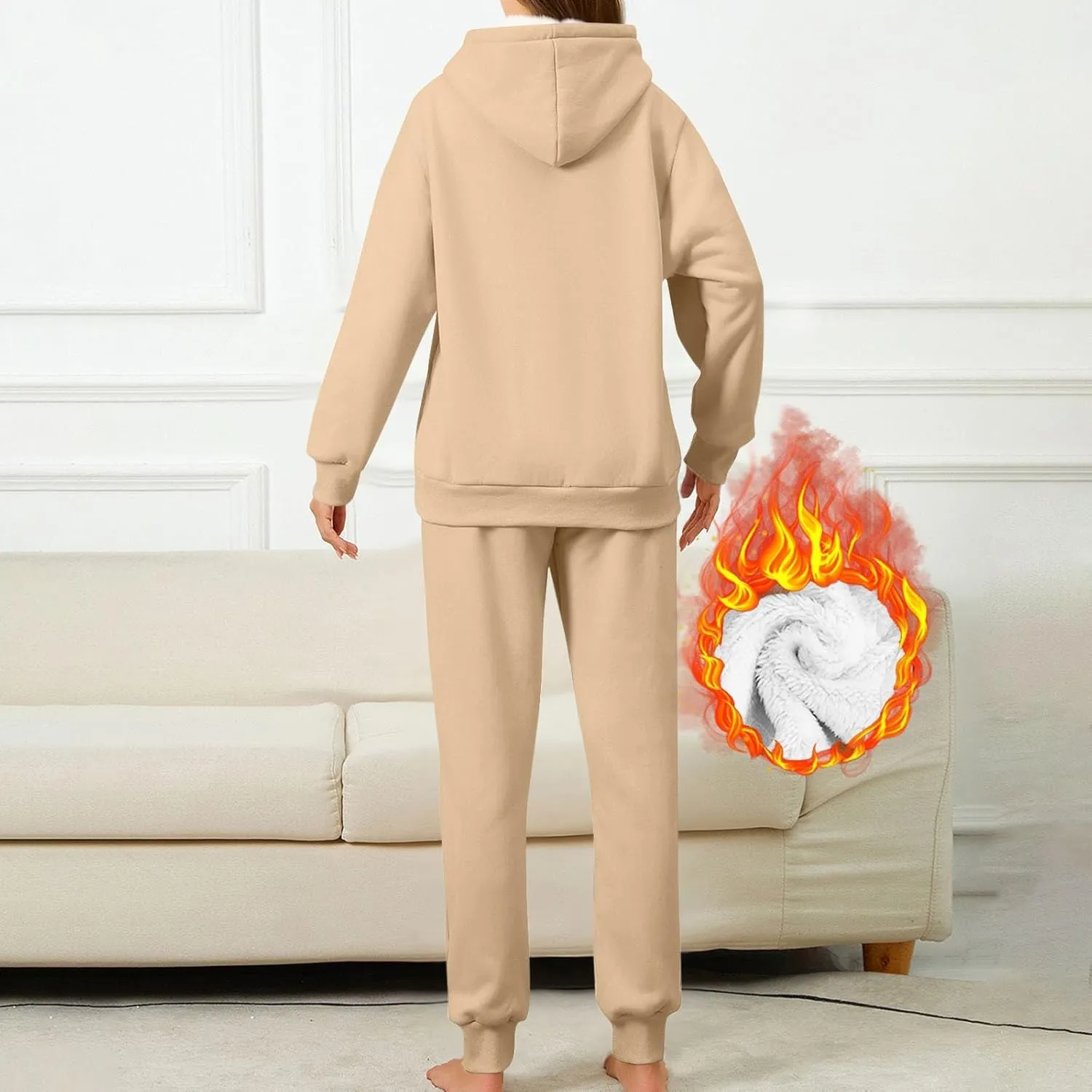 hlysgo Two Piece Sets for Women Winter Warm Lounge Set Fleece Lined Long Sleeve Hooded Pullover Drawstring Pants Sweatsuit