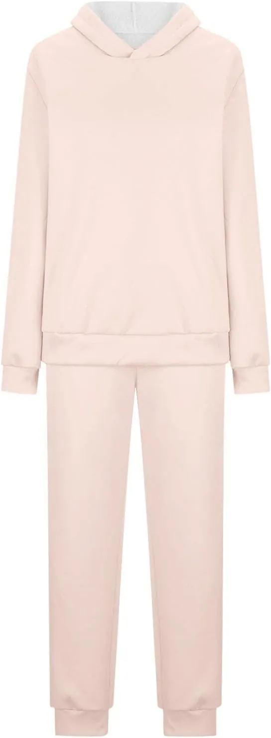 hlysgo Two Piece Sets for Women Winter Warm Lounge Set Fleece Lined Long Sleeve Hooded Pullover Drawstring Pants Sweatsuit