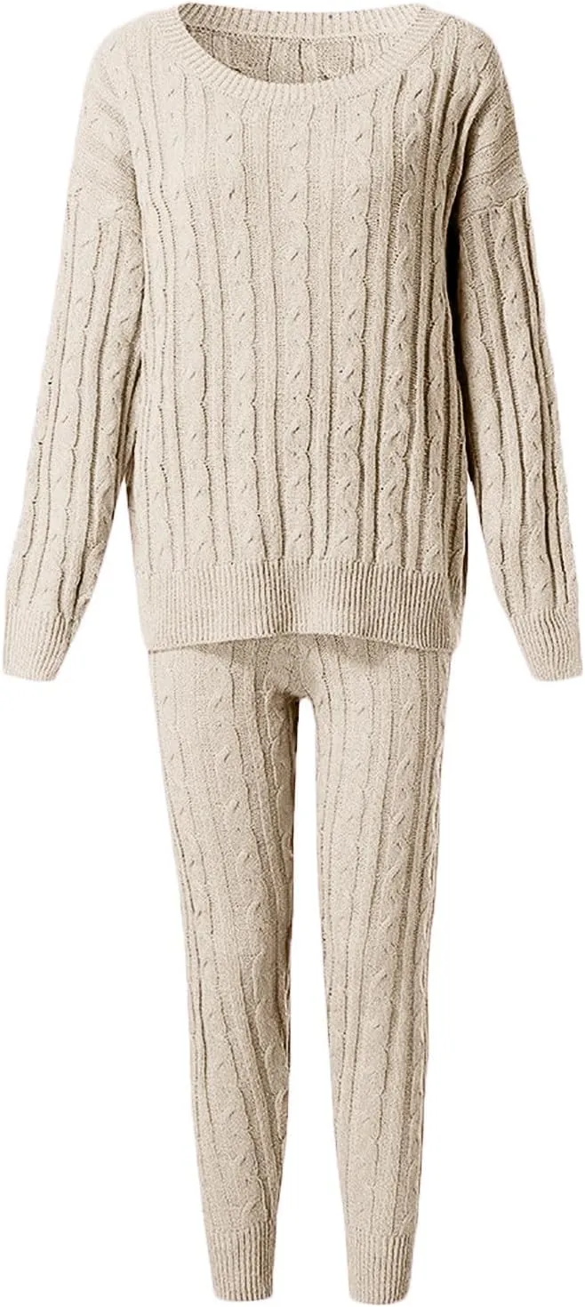 hlysgo Women Cable Knitted 2 Pieces Outfits Chunky Long Sleeve Sweater Pullover Top and Pants Winter Plus Size Lounge Sets