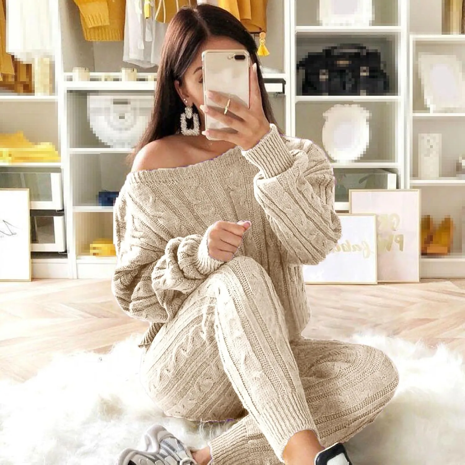 hlysgo Women Cable Knitted 2 Pieces Outfits Chunky Long Sleeve Sweater Pullover Top and Pants Winter Plus Size Lounge Sets