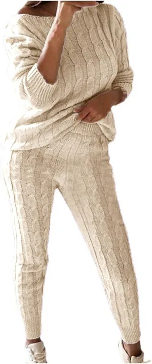 hlysgo Women Cable Knitted 2 Pieces Outfits Chunky Long Sleeve Sweater Pullover Top and Pants Winter Plus Size Lounge Sets
