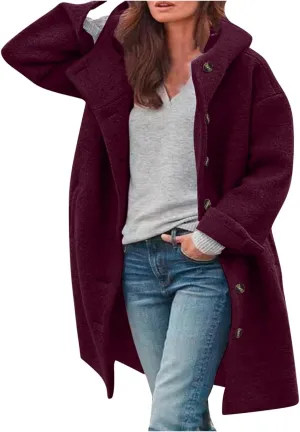 Hooded Coat for Women Trendy Casual Winter Warm Wool Blend Coats Oversized Single Breasted Pea Coat Outerwear